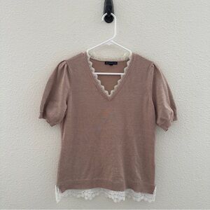 Adrianna Papell Pink Lace Trim V-Neck Sweater Quiet Luxury Small